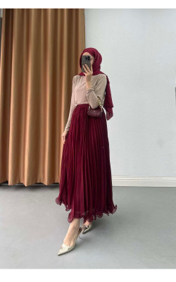Sare Fashion Flowing Pleated Skirt in Burgundy
