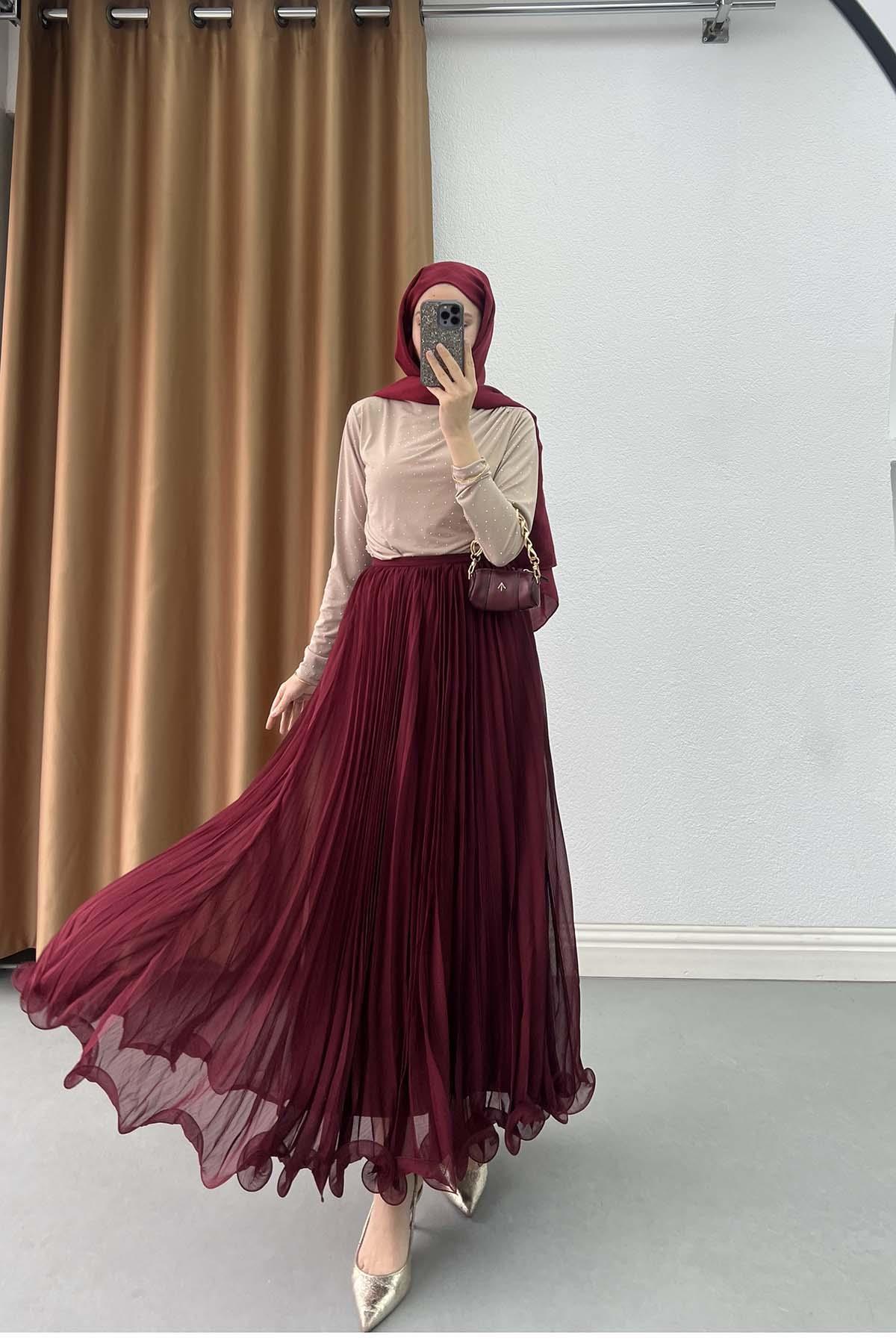 Sare Fashion Flowing Pleated Skirt in Burgundy