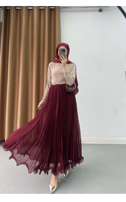 Sare Fashion Flowing Pleated Skirt in Burgundy