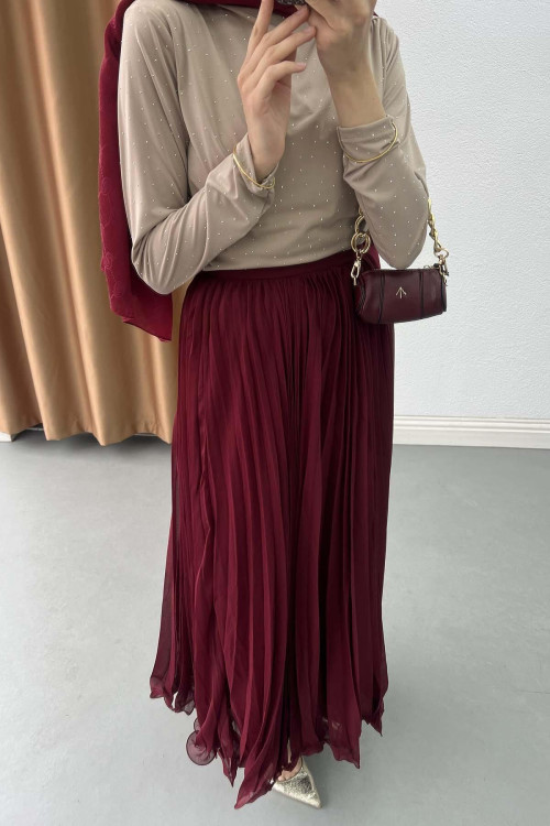 Sare Fashion Flowing Pleated Skirt in Burgundy