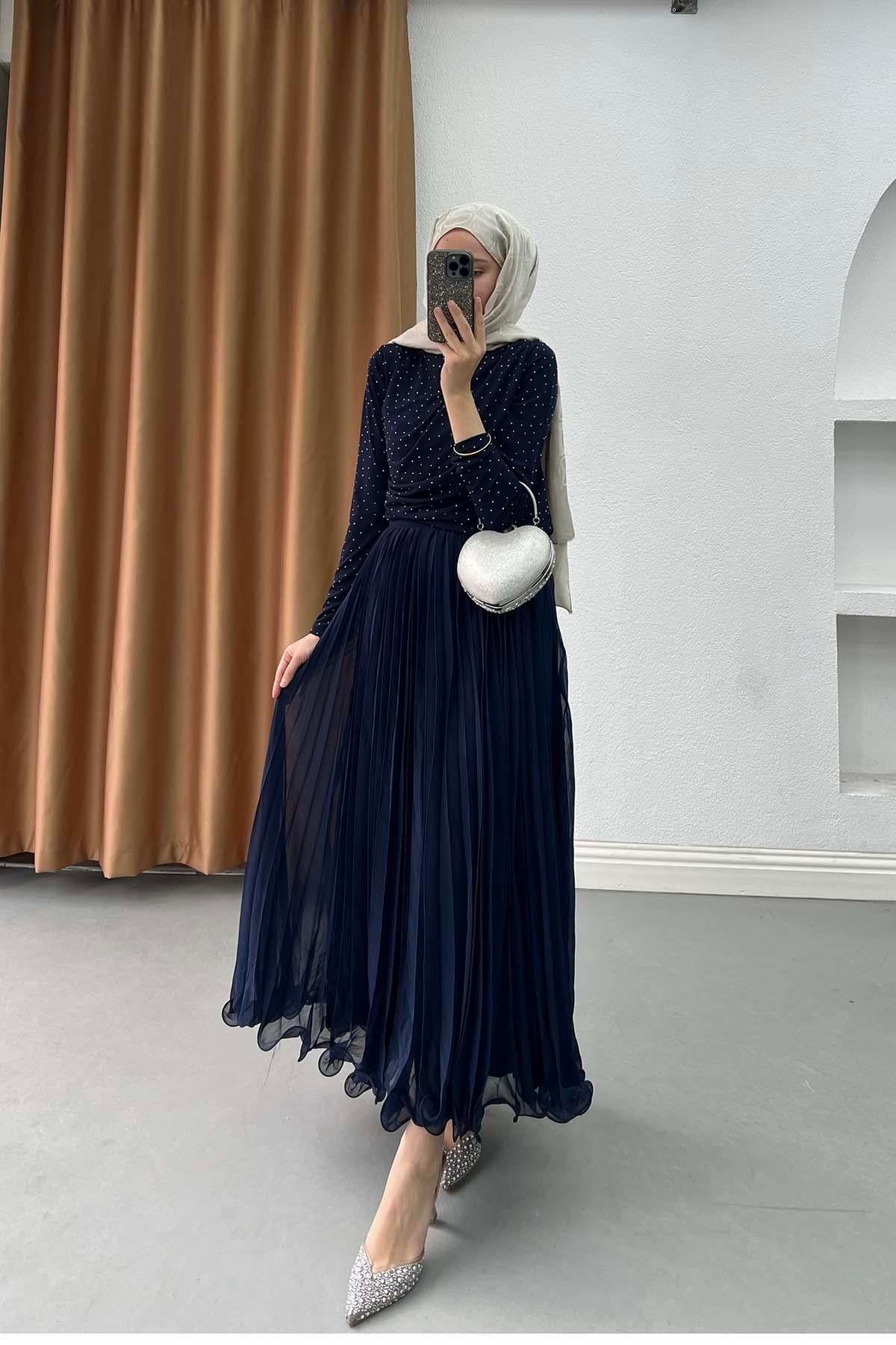Sare Fashion Flowing Pleated Skirt, Navy Blue