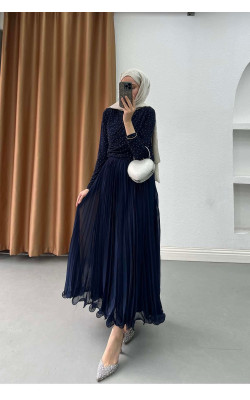 Sare Fashion Flowing Pleated Skirt, Navy Blue