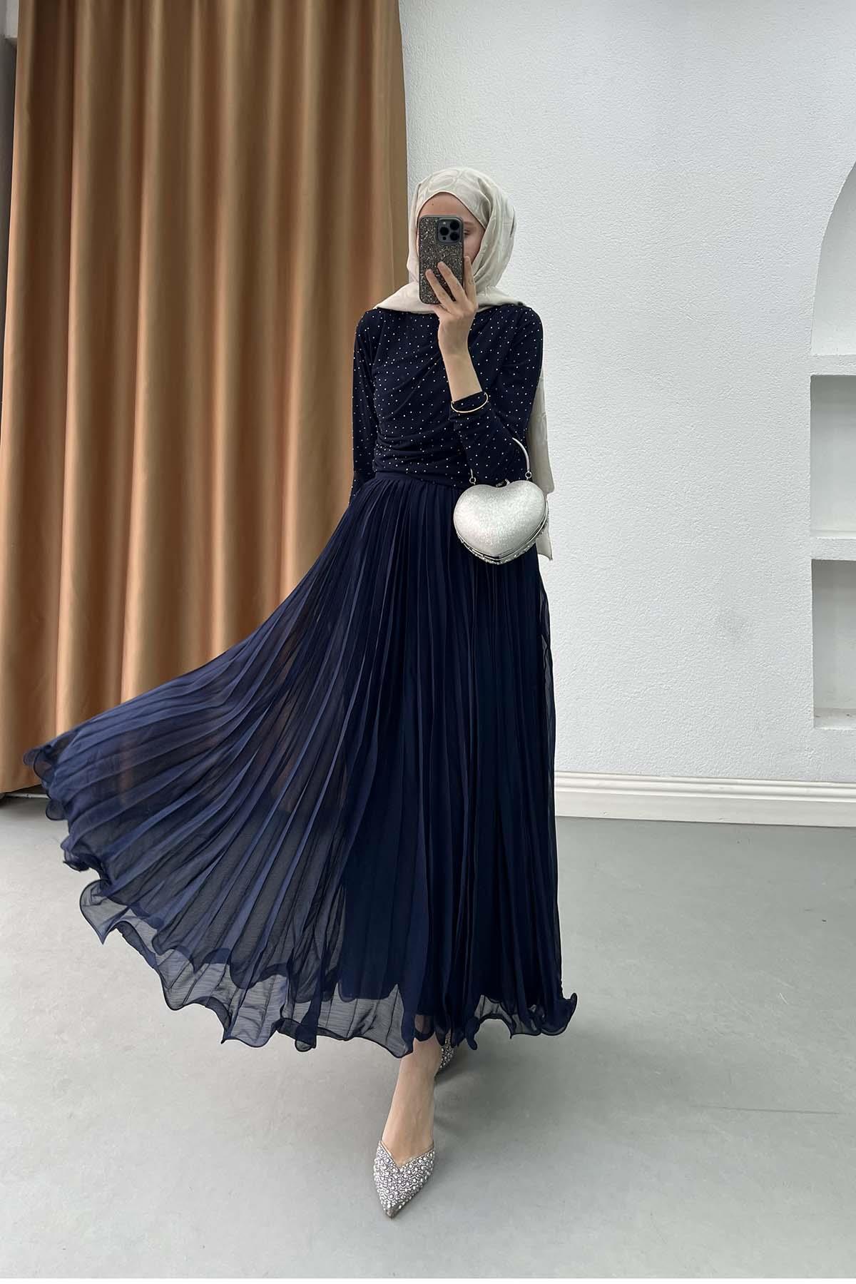 Sare Fashion Flowing Pleated Skirt, Navy Blue