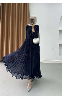Sare Fashion Flowing Pleated Skirt, Navy Blue