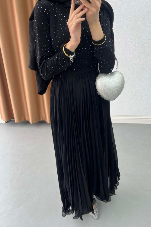 Sare Fashion Flowing Pleated Skirt, Black
