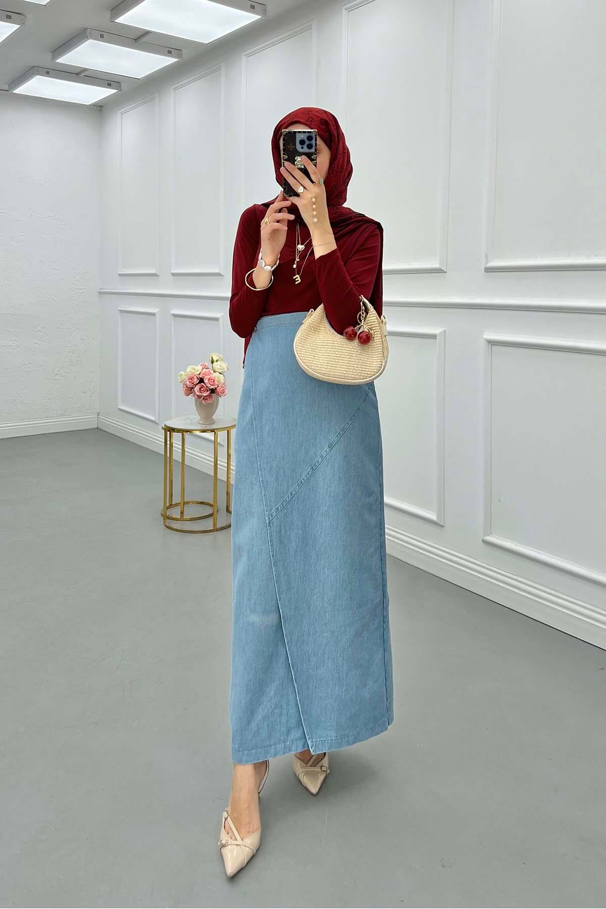 Sare Fashion Wrap Denim Skirt Light Blue