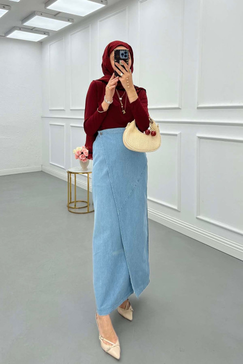 Sare Fashion Wrap Denim Skirt Light Blue