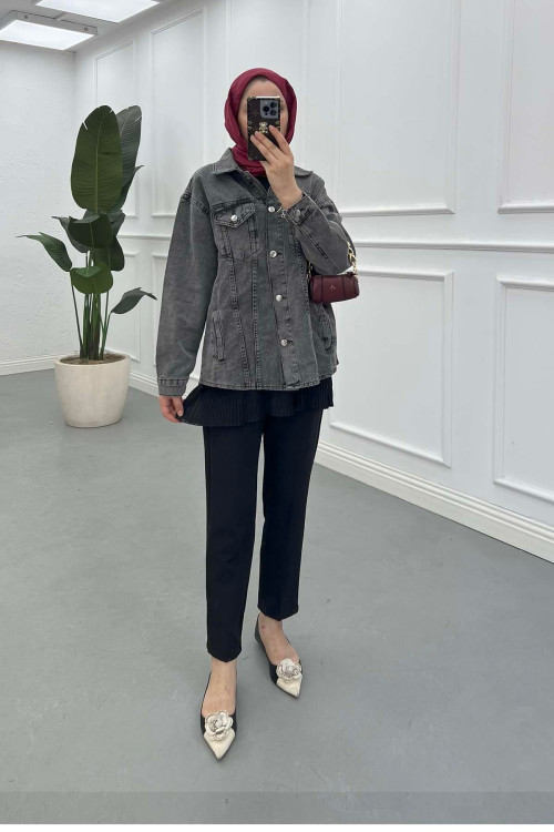 Sare Fashion Oval Cut Back Denim Jacket Gray Sare Fashion Oval Cut Back Denim Jacket Gray