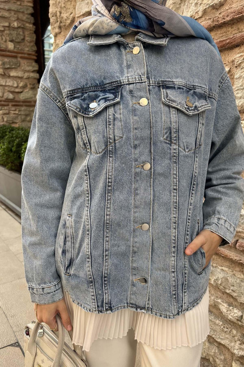 Sare Fashion Oval Cut Back Denim Jacket Blue Sare Fashion Oval Cut Back Denim Jacket Blue