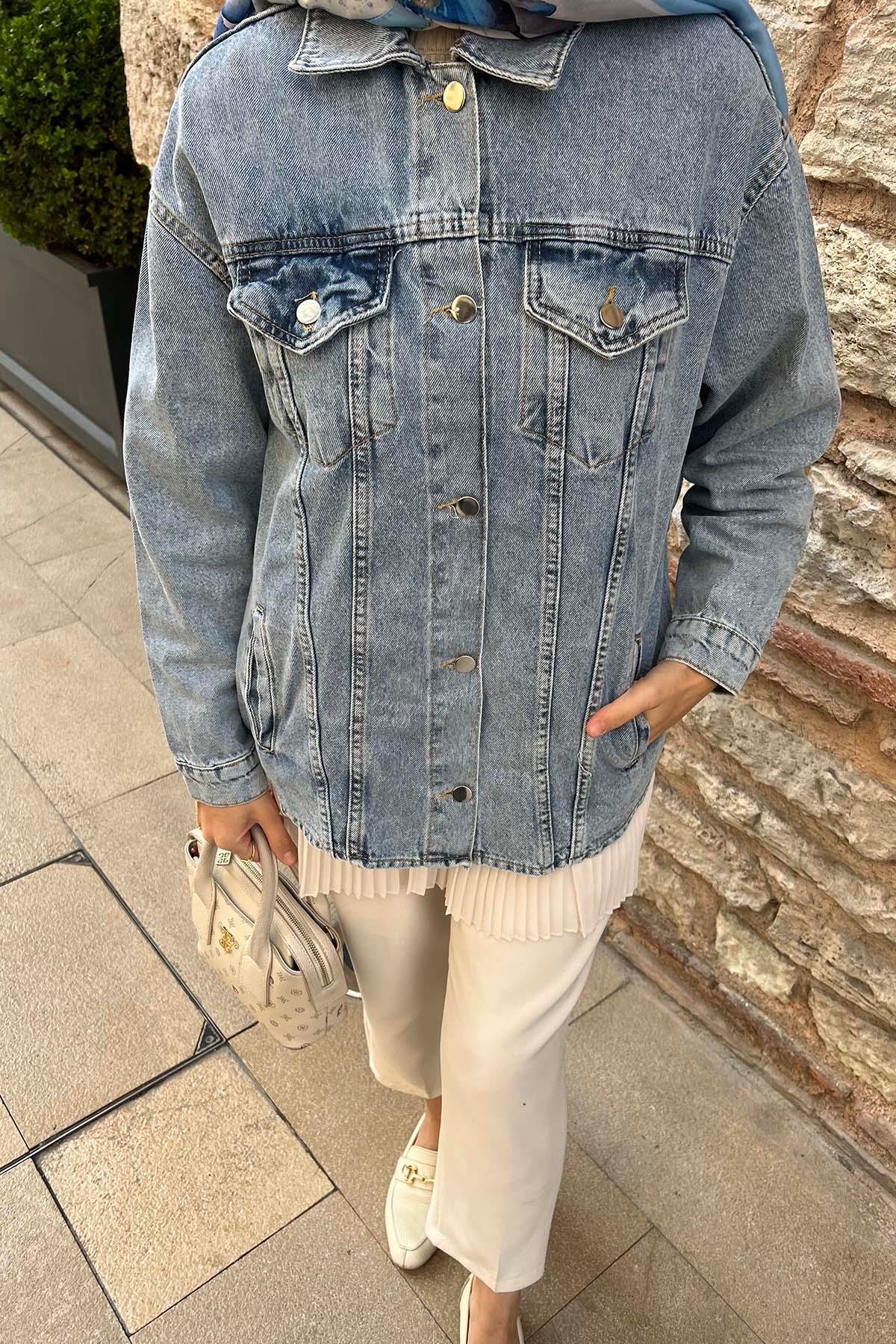 Sare Fashion Oval Cut Back Denim Jacket Blue