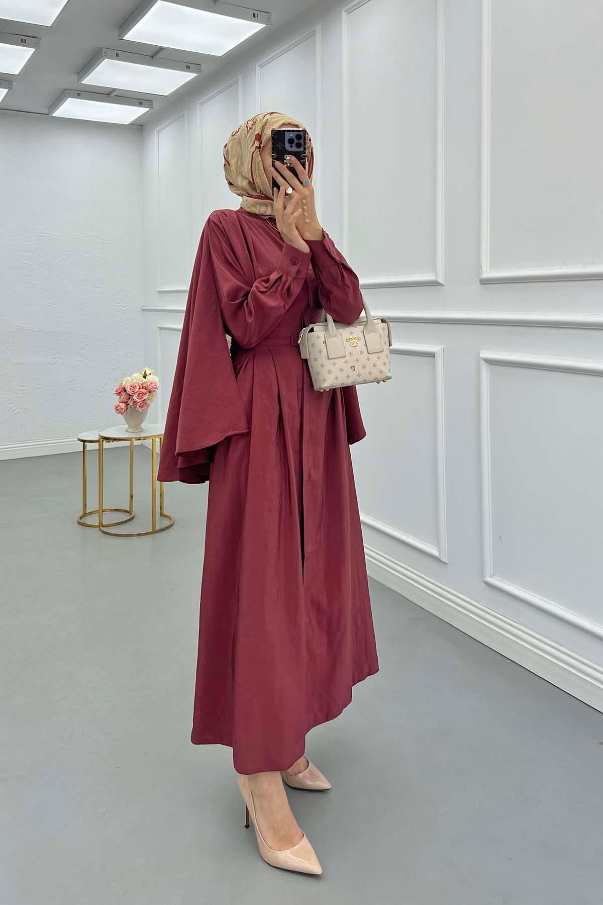 Sare Fashion Removable Belt Parachute Dress with Cape at Back Claret Red