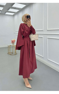 Sare Fashion Removable Belt Parachute Dress with Cape at Back Claret Red