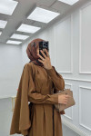 Sare Fashion Removable Belt Parachute Dress with Cape at Back Brown