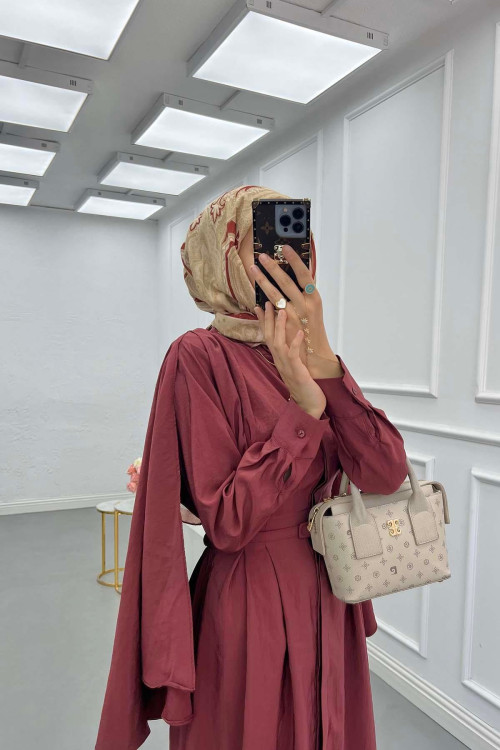Sare Fashion Removable Belt Parachute Dress with Cape at Back Claret Red
