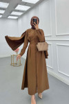 Sare Fashion Removable Belt Parachute Dress with Cape at Back Brown