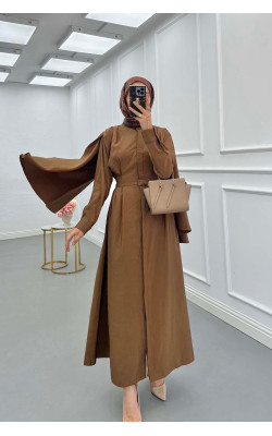 Sare Fashion Removable Belt Parachute Dress with Cape at Back Brown