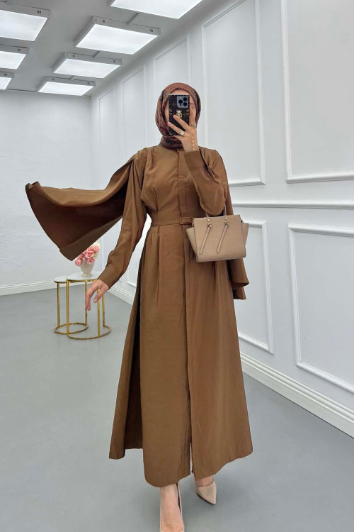 Sare Fashion Removable Belt Parachute Dress with Cape at Back Brown