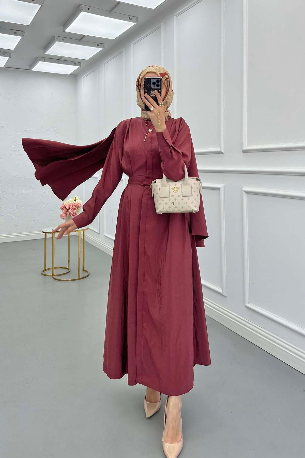 Sare Fashion Removable Belt Parachute Dress with Cape at Back Claret Red