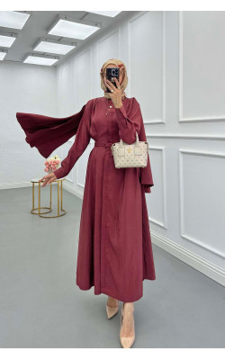 Sare Fashion Removable Belt Parachute Dress with Cape at Back Claret Red