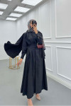 Sare Fashion Removable Belt Parachute Dress with Cape at Back Black