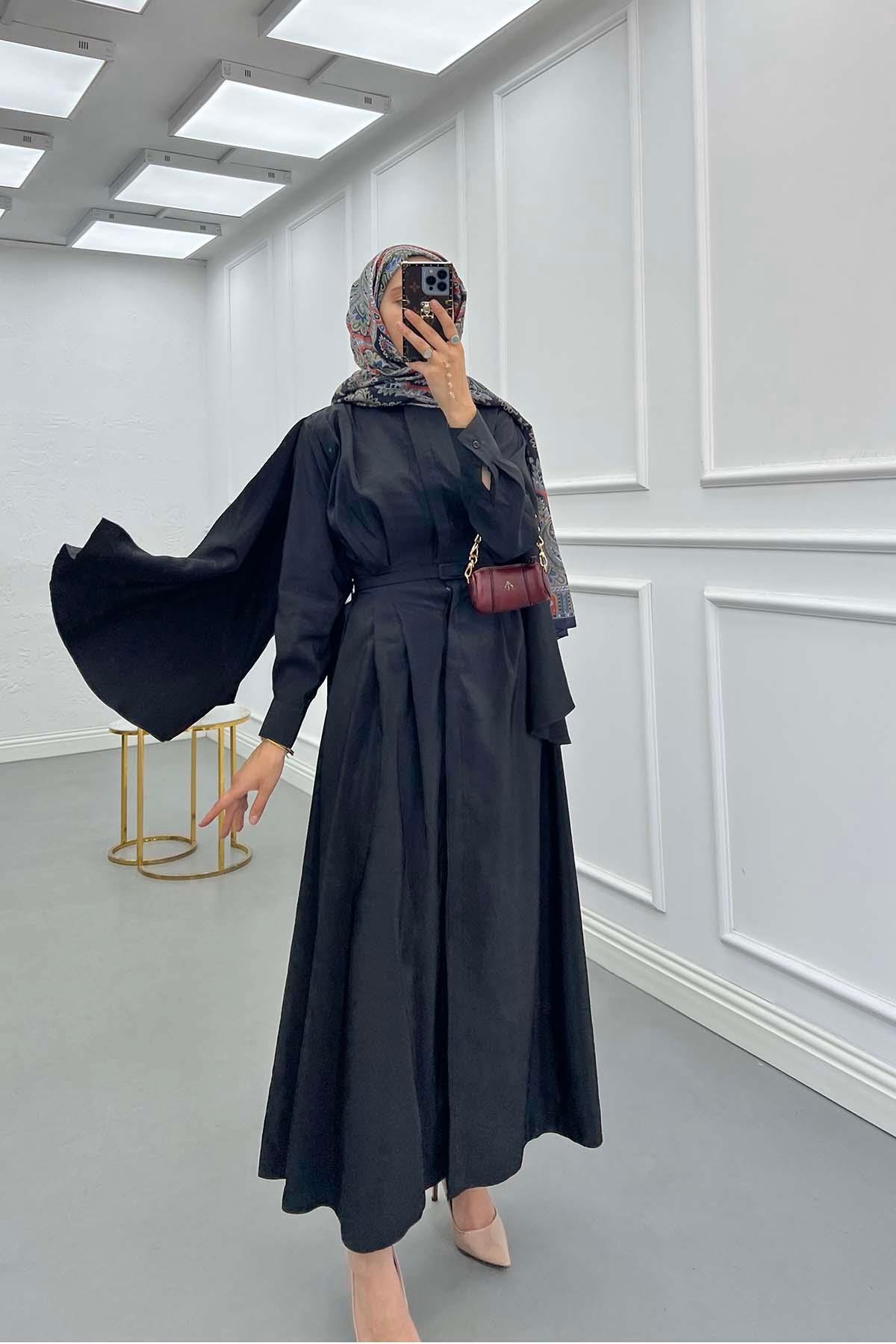 Sare Fashion Removable Belt Parachute Dress with Cape at Back Black