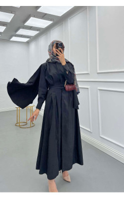 Sare Fashion Removable Belt Parachute Dress with Cape at Back Black