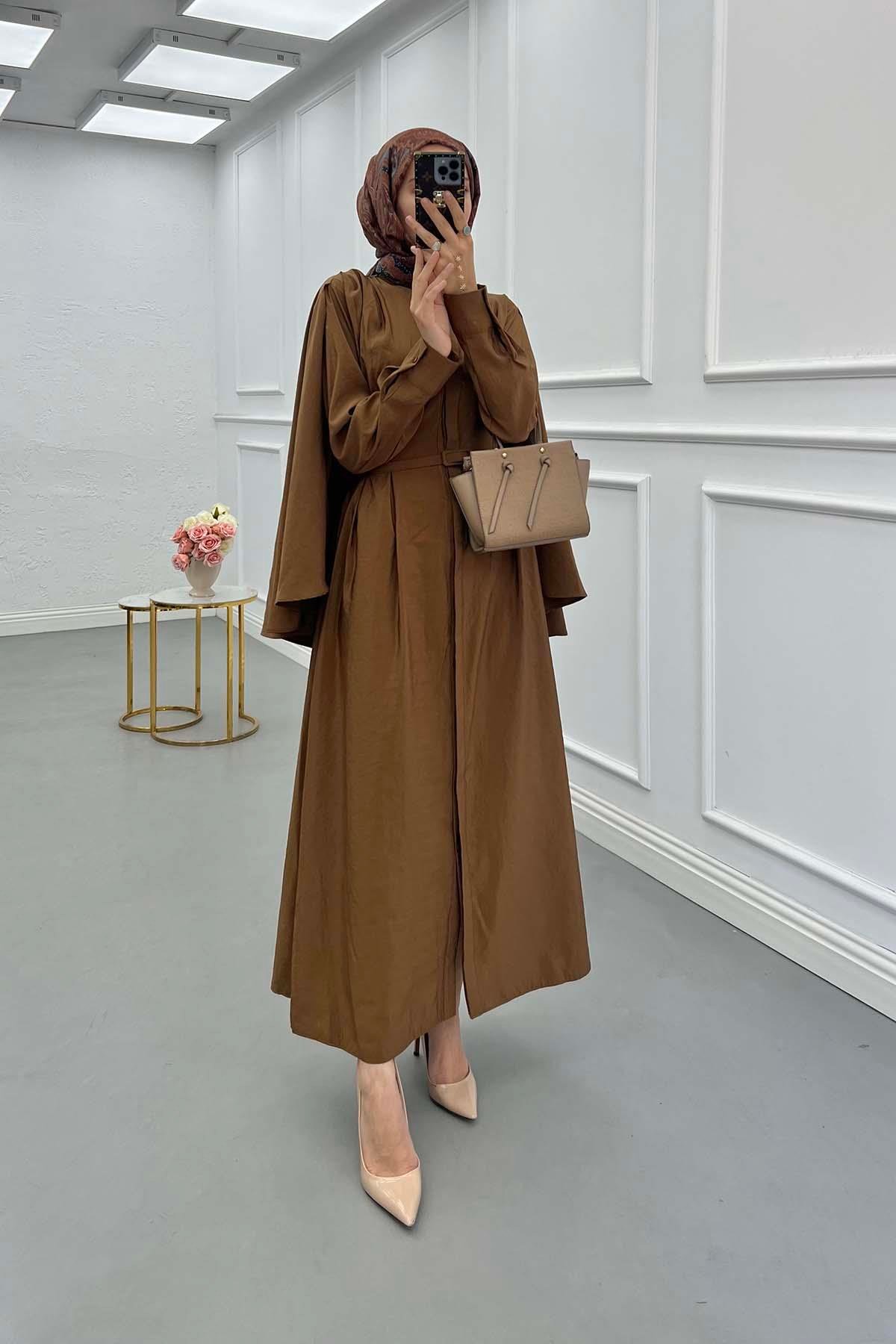 Sare Fashion Removable Belt Parachute Dress with Cape at Back Brown