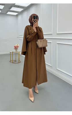 Sare Fashion Removable Belt Parachute Dress with Cape at Back Brown