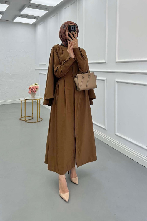 Sare Fashion Removable Belt Parachute Dress with Cape at Back Brown