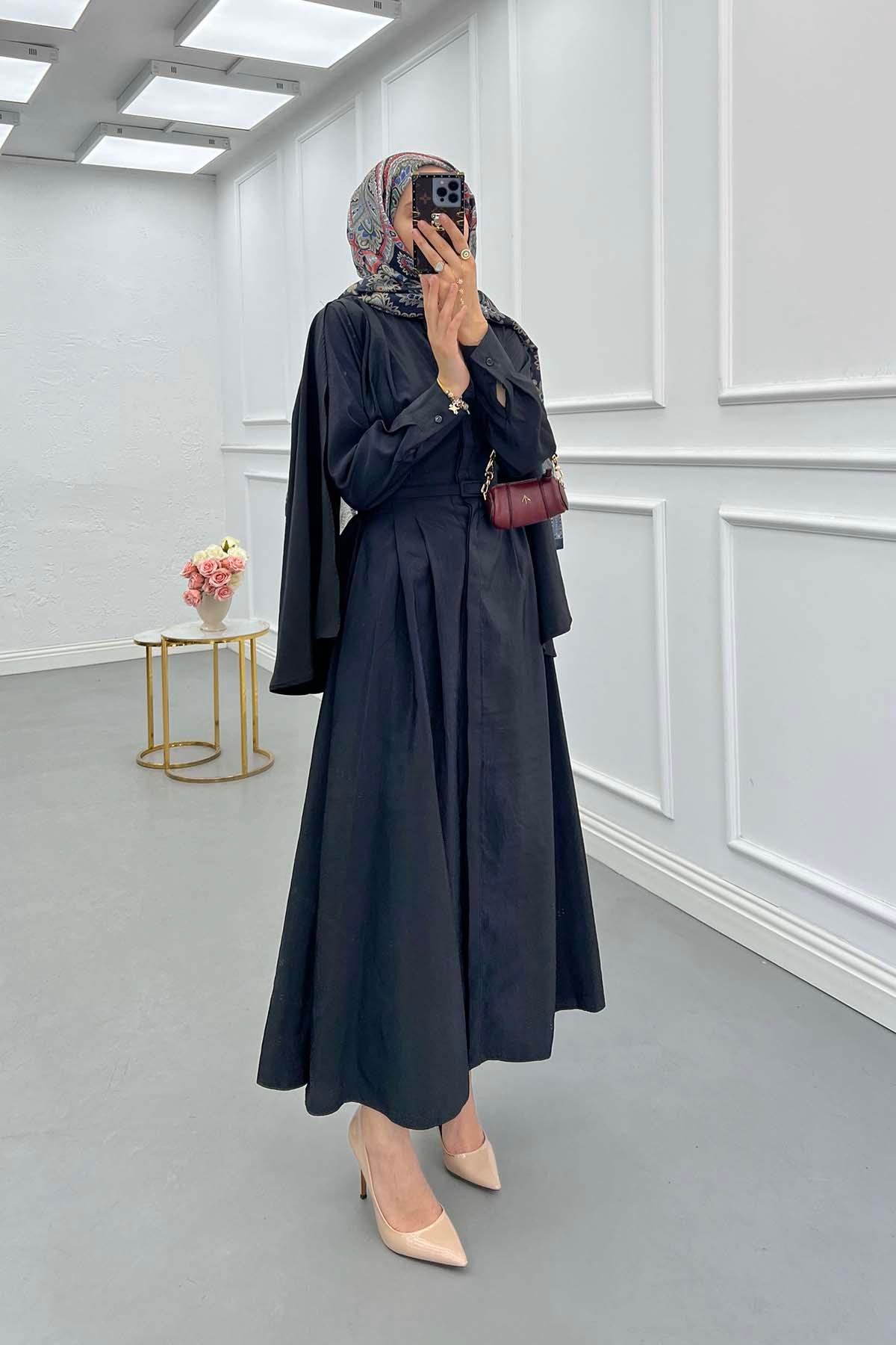 Sare Fashion Removable Belt Parachute Dress with Cape at Back Black
