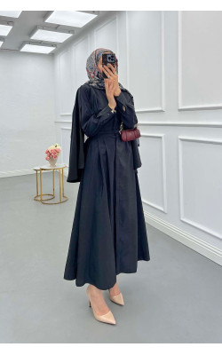 Sare Fashion Removable Belt Parachute Dress with Cape at Back Black