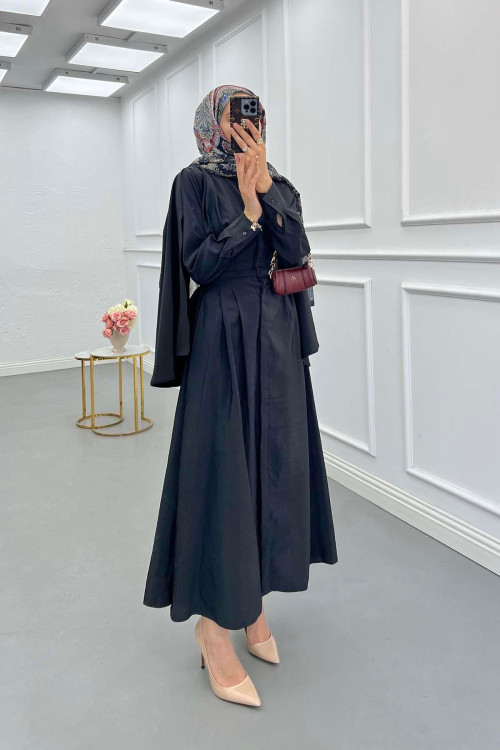 Sare Fashion Removable Belt Parachute Dress with Cape at Back Black