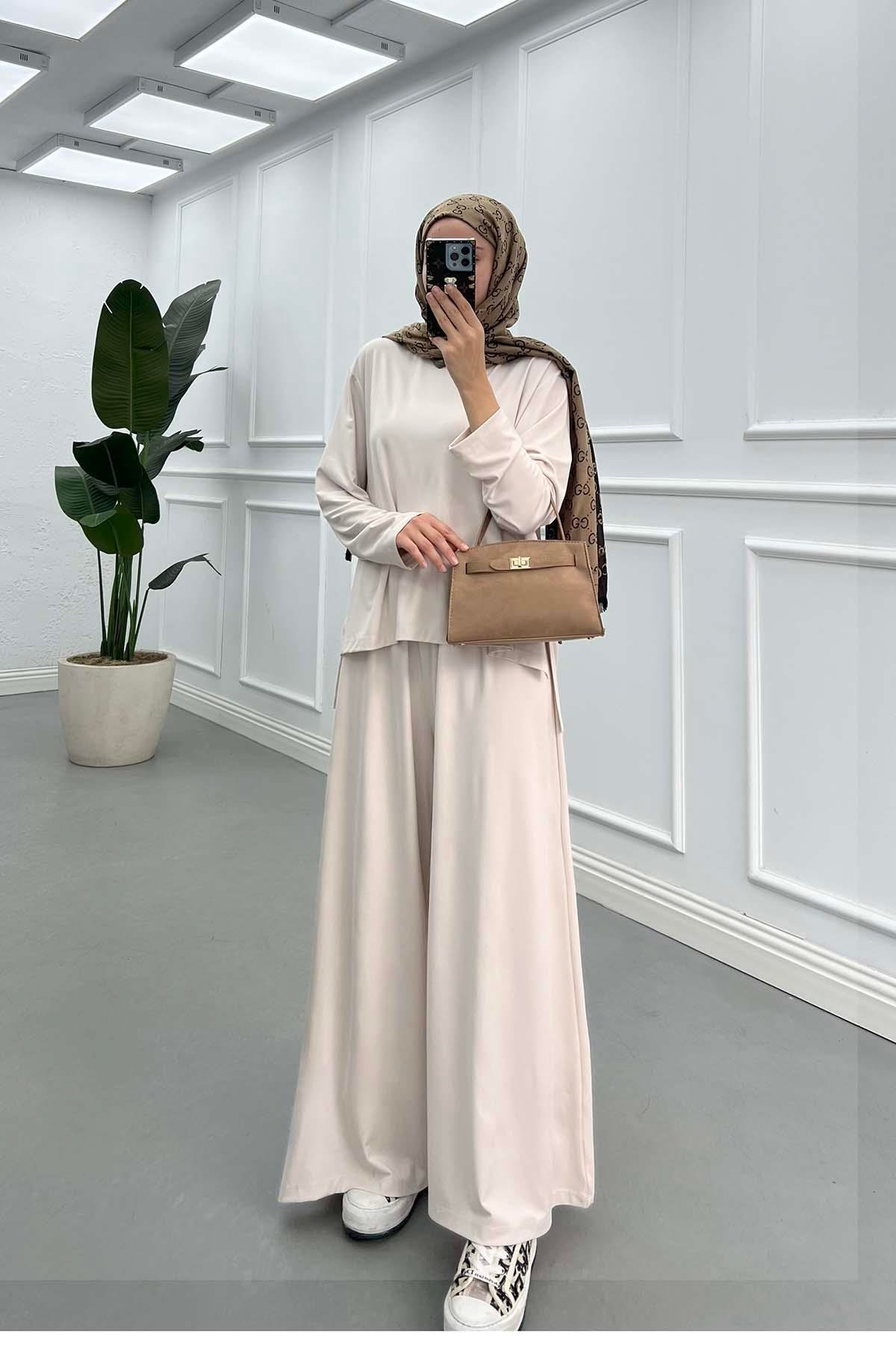 Sare Fashion Long Back Wide Leg Modal Oysh Suit Beige