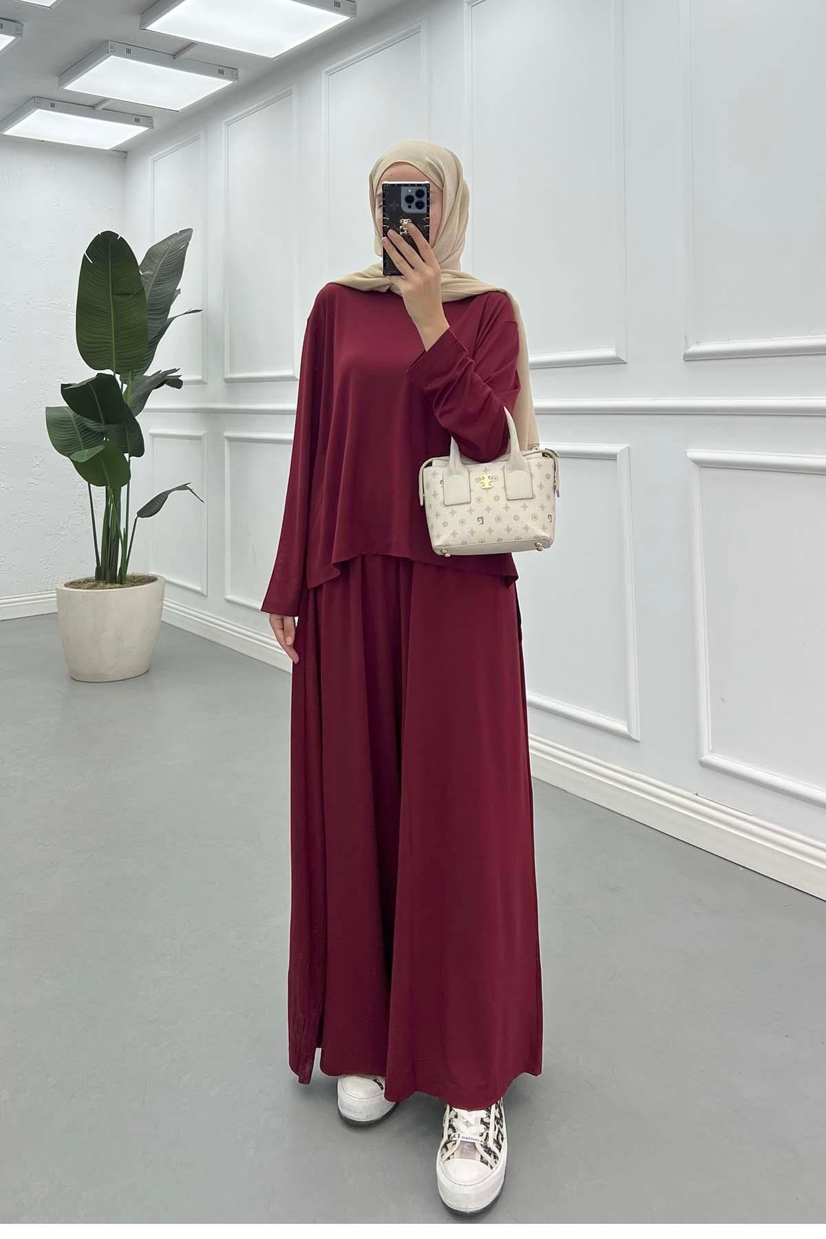 Sare Fashion Long Back Wide Leg Modal Oysh Suit Burgundy