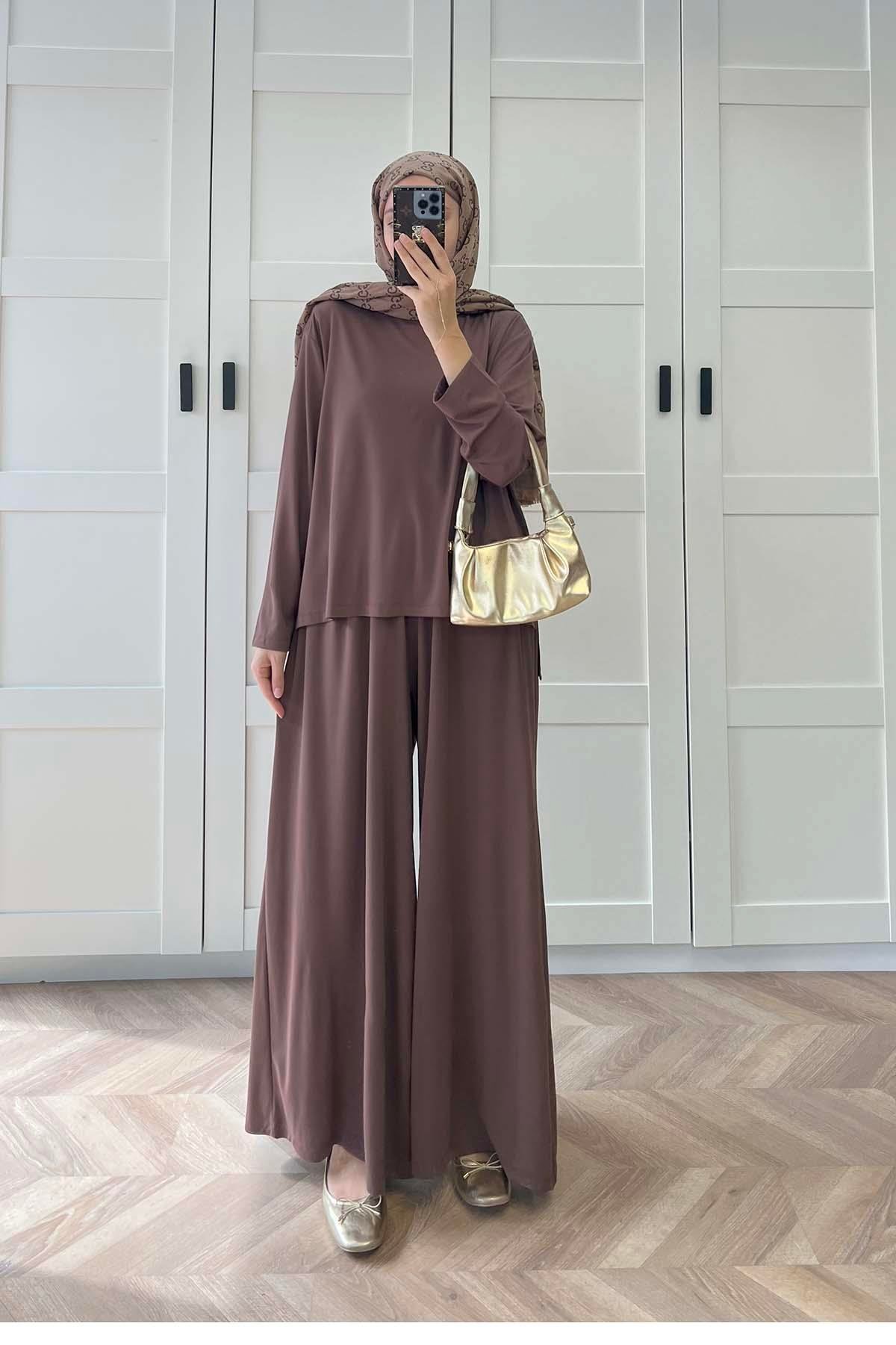 Sare Fashion Long Back Wide Leg Modal Oysh Suit Brown