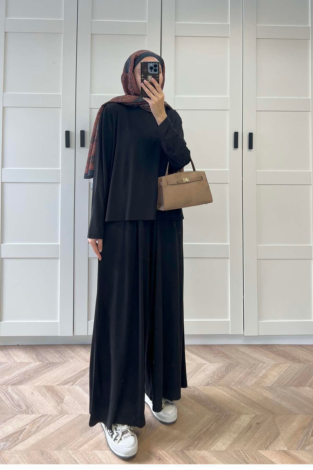Sare Fashion Long Back Wide Leg Modal Oysh Suit Black