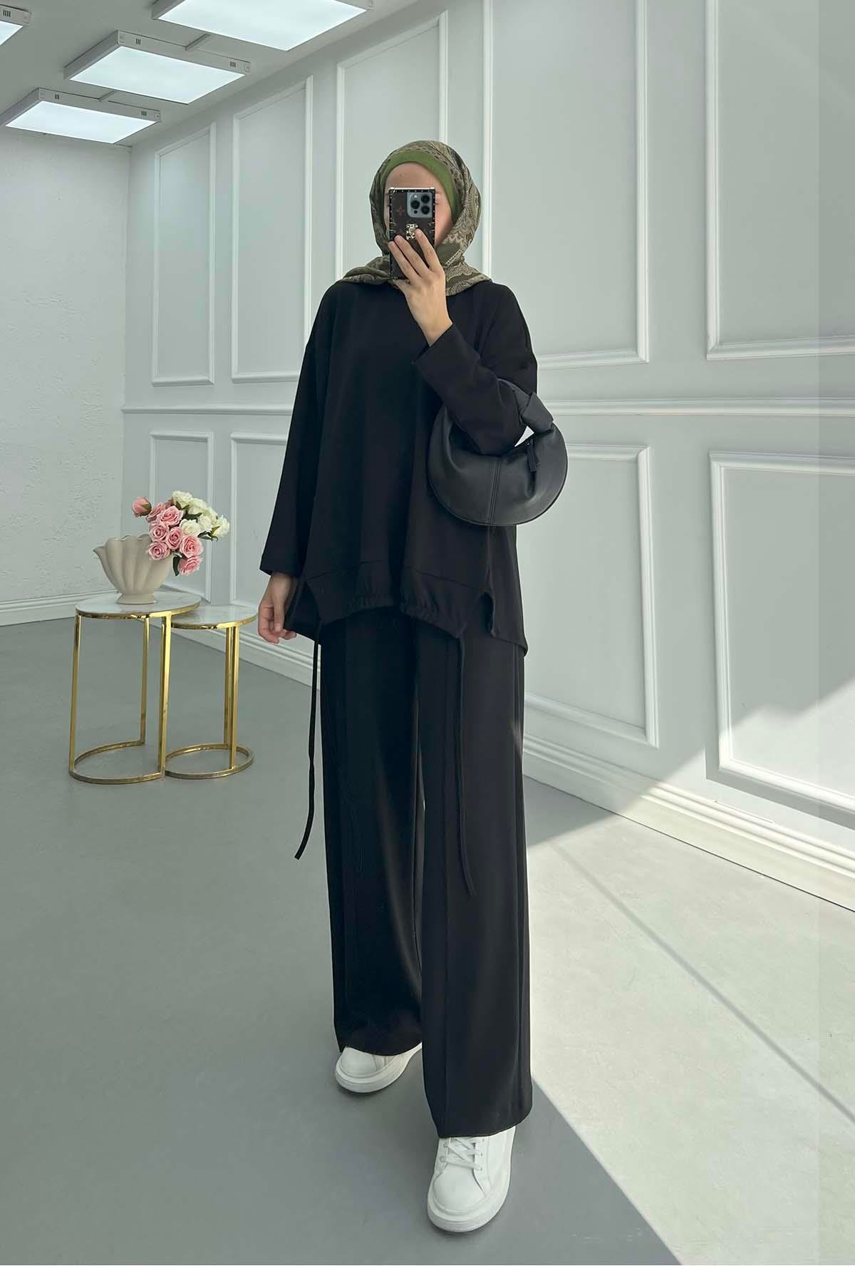 Sare Fashion Oysh Suit Black with Long Back Skirt and Rope Detail Sare Fashion Oysh Suit Black with Long Back Skirt and Rope Detail