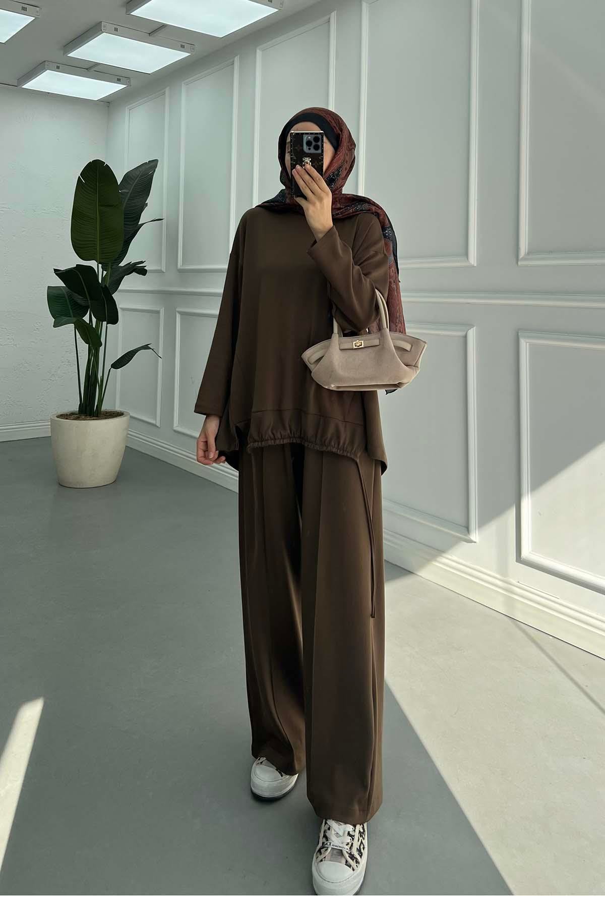 Sare Fashion Oysh Brown Suit with Long Back Skirt and Rope Detail