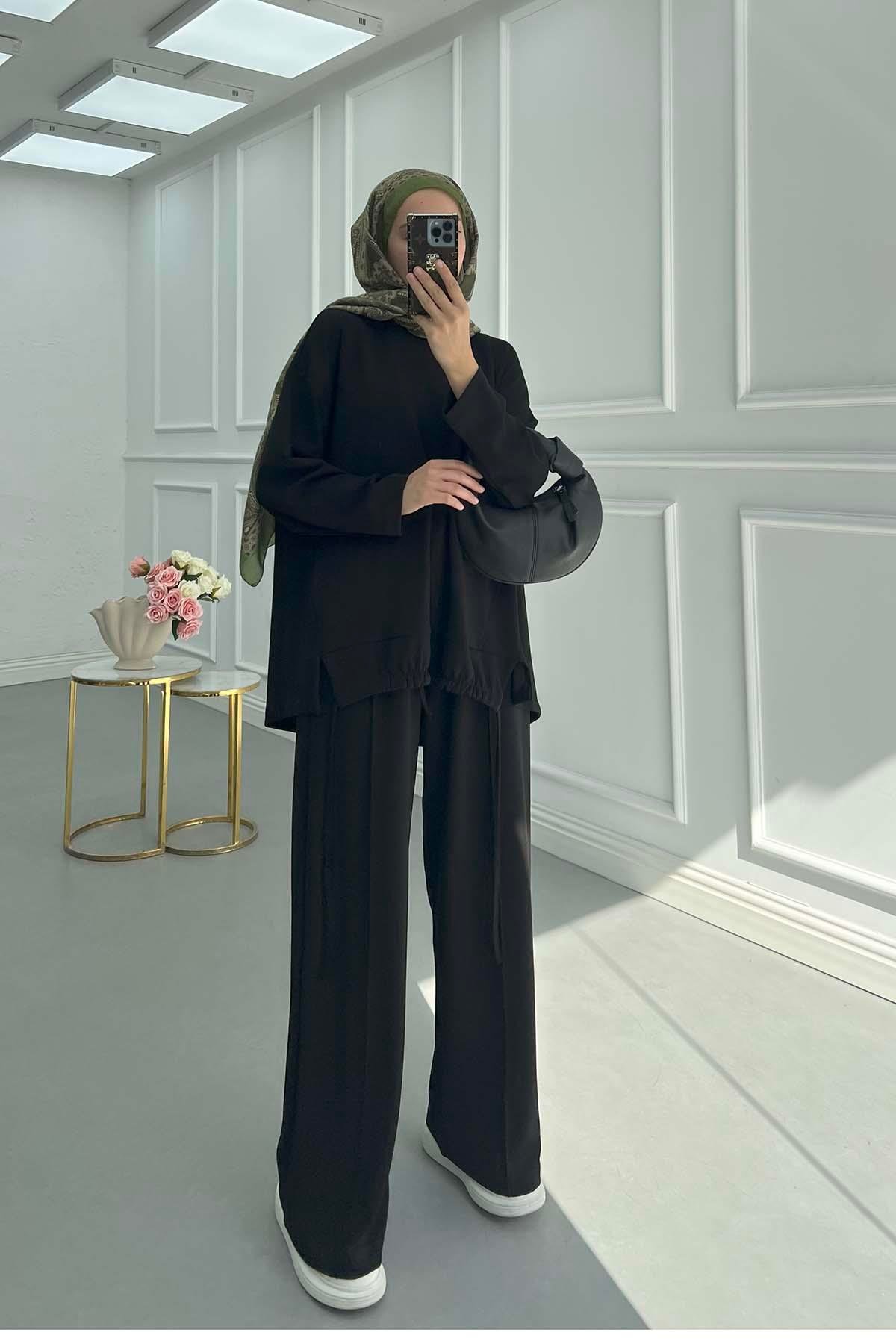 Sare Fashion Oysh Suit Black with Long Back Skirt and Rope Detail Sare Fashion Oysh Suit Black with Long Back Skirt and Rope Detail