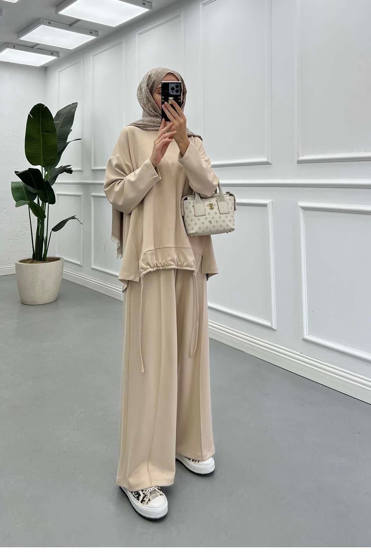 Sare Fashion Oysh Beige Suit with Long Back Skirt and Rope Detail Sare Fashion Oysh Beige Suit with Long Back Skirt and Rope Detail