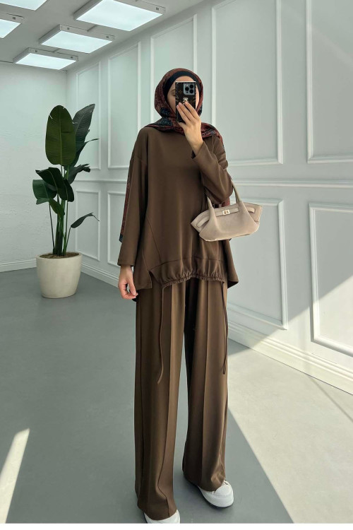Sare Fashion Oysh Brown Suit with Long Back Skirt and Rope Detail Sare Fashion Oysh Brown Suit with Long Back Skirt and Rope Detail