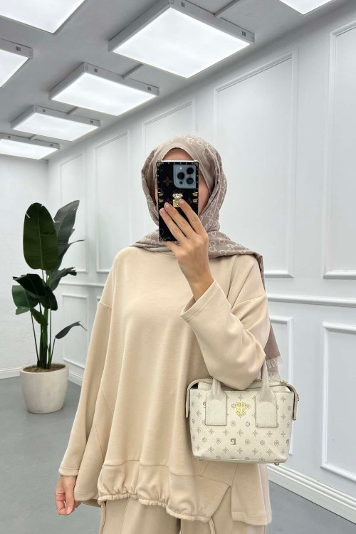 Sare Fashion Oysh Beige Suit with Long Back Skirt and Rope Detail Sare Fashion Oysh Beige Suit with Long Back Skirt and Rope Detail
