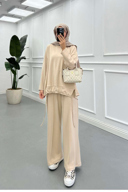Sare Fashion Oysh Beige Suit with Long Back Skirt and Rope Detail Sare Fashion Oysh Beige Suit with Long Back Skirt and Rope Detail
