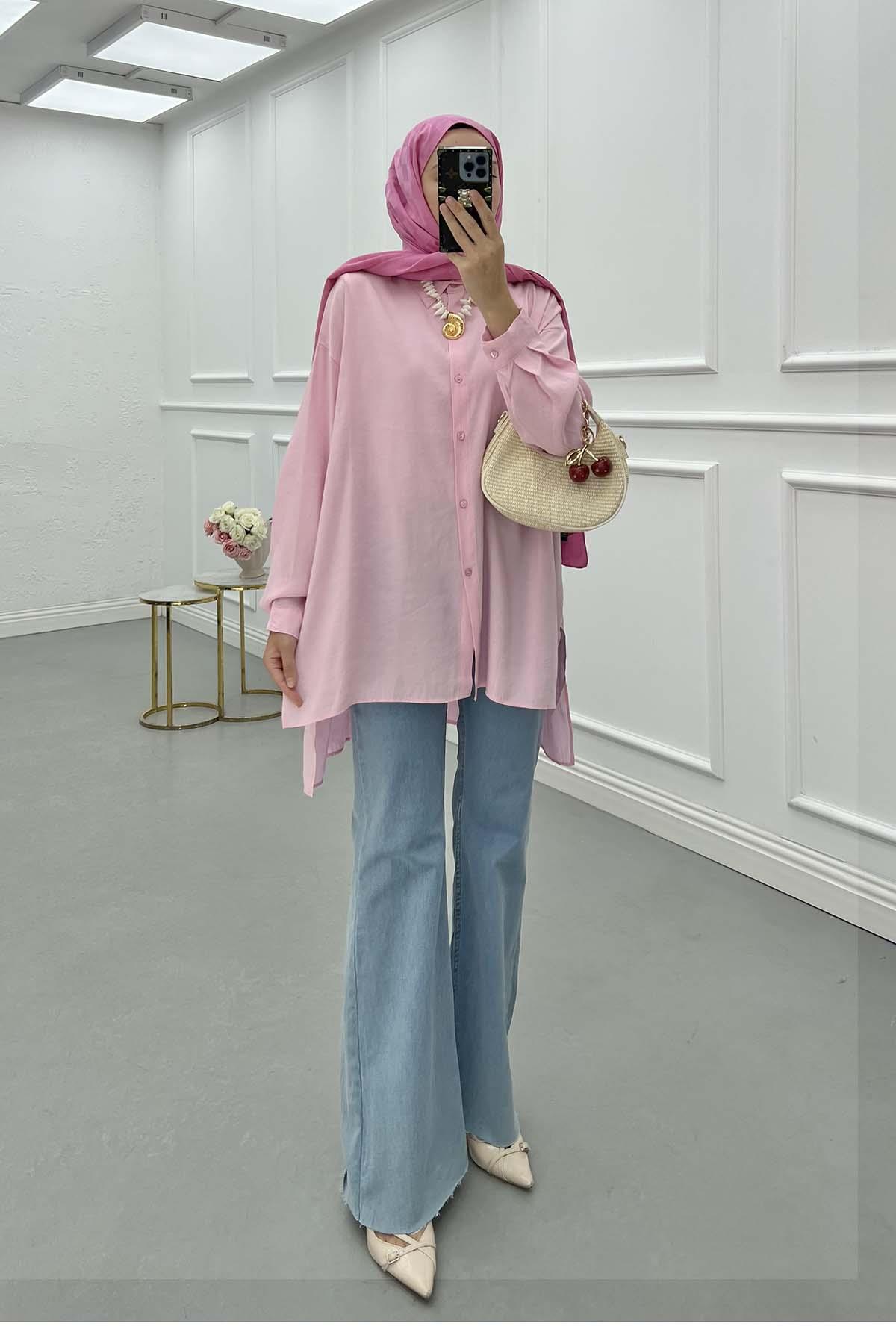 Sare Fashion Long Back Slit Detailed Shirt Pink Sare Fashion Long Back Slit Detailed Shirt Pink