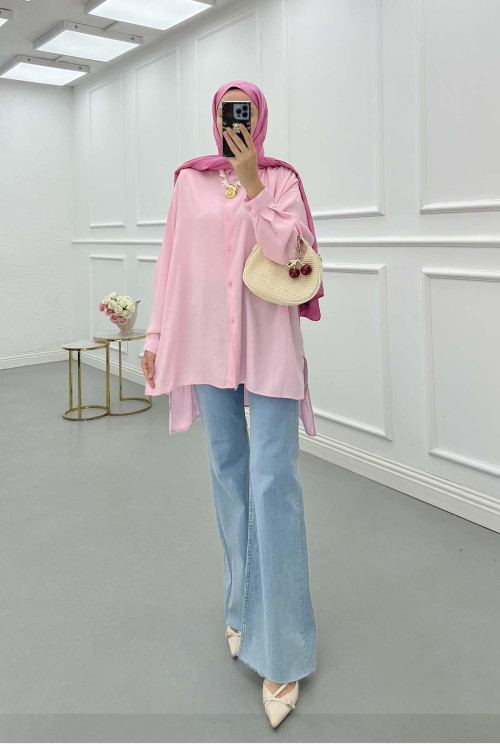 Sare Fashion Long Back Slit Detailed Shirt Pink