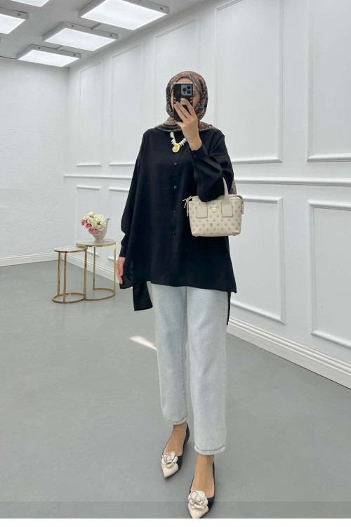 Sare Fashion Long Back Slit Detailed Shirt Black Sare Fashion Long Back Slit Detailed Shirt Black