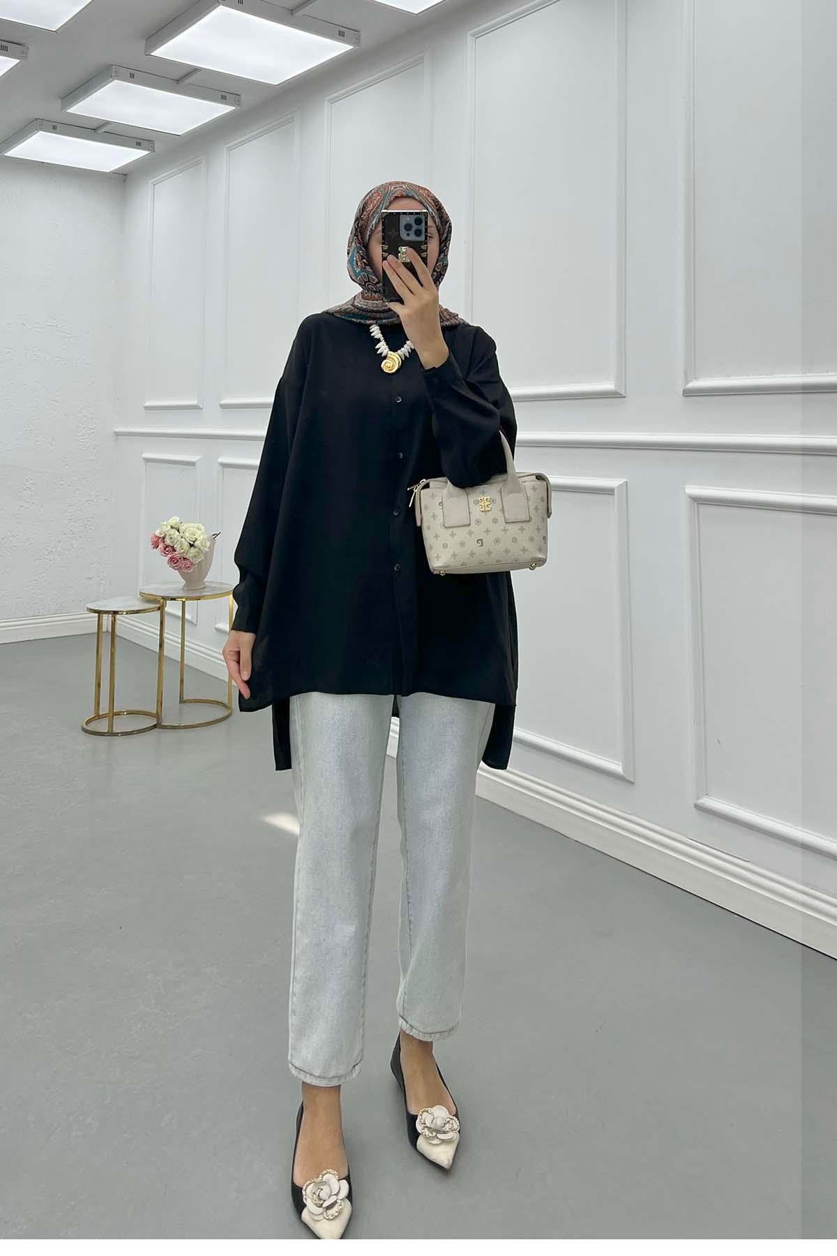 Sare Fashion Long Back Slit Detailed Shirt Black