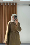 Sare Fashion Asymmetrical Striped Linen Set with Woven Necklace, Khaki