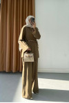 Sare Fashion Asymmetrical Striped Linen Set with Woven Necklace, Khaki