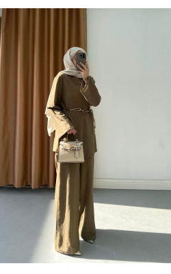 Sare Fashion Asymmetrical Striped Linen Set with Woven Necklace, Khaki